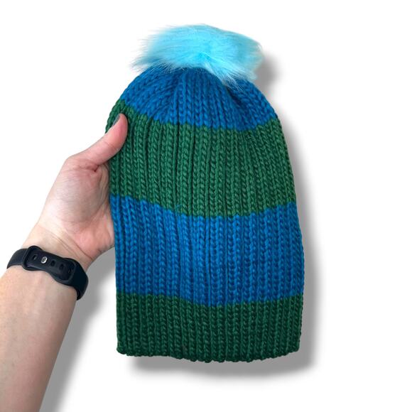 Hat Attack NWT Happy Stripes Blue Green Real Fur Pom Knit Beanie Hat One Size - Picture 4 of 8